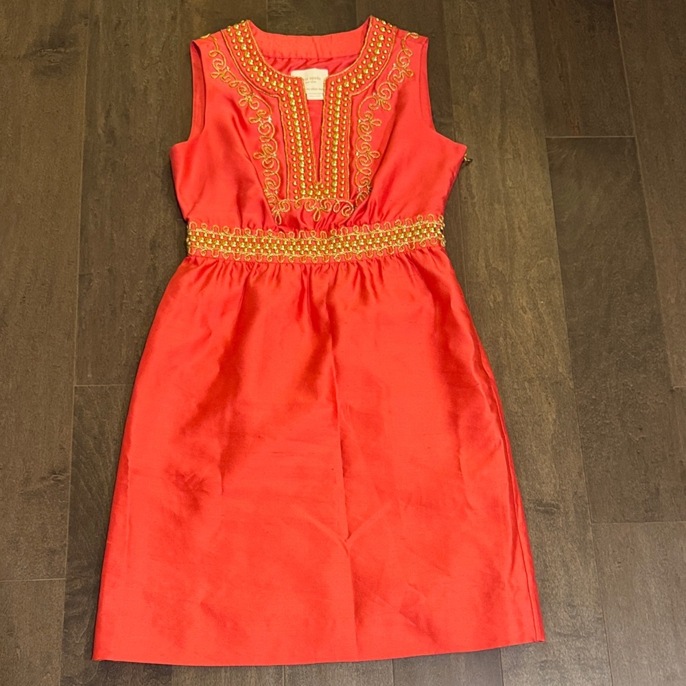 Kate Spade New York Annette Silk Dress – Size 0 – Coral & Gold Embellishe
